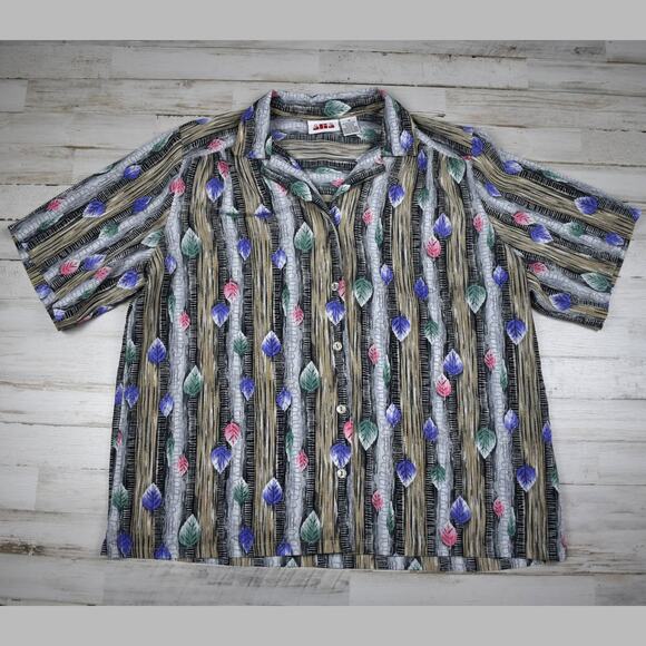 Vintage striped leaf print short sleeve button up blouse shirt top size 14 large - Picture 1 of 7